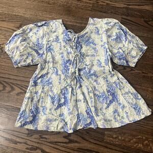 Floral flowers puff sleeve tied ruffled cotton Moves blouse